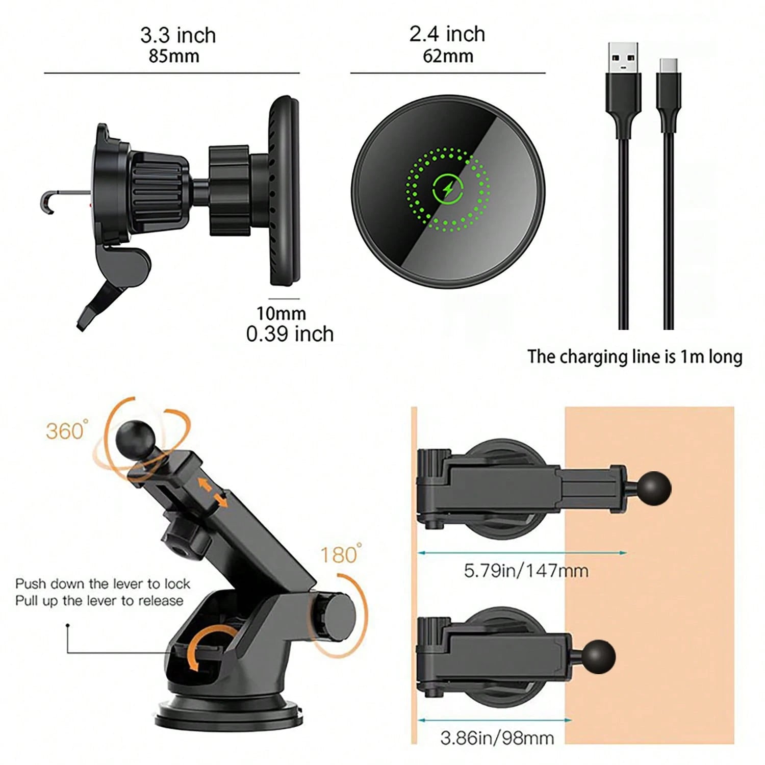 15W Magnetic Wireless Car Charger, 2 In 1 Fast Charging Magnetic Car Charger Mount Phone Holder Compatible With IPhone 17 16 15 14 13 12 Pro/Plus/Pro Max