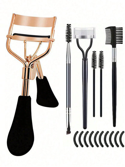 16-Piece Stainless Steel Eyelash Curler Set, Includes 1 Eyelash Curler, 1 Eyelash Comb, 2 Eyelash Rollers, 1 Angled Dual-Ended Brow Brush, 1 Brow Brush, And 10 Silicone Refill Pads, For Eyelashes And