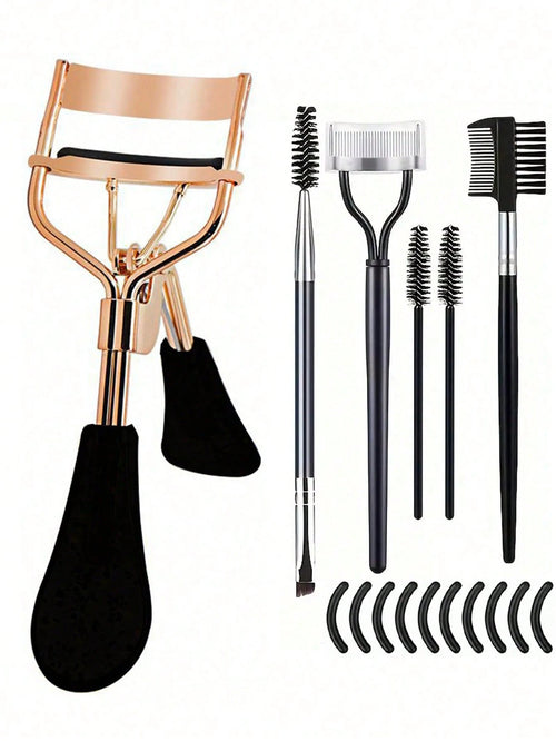 16-Piece Stainless Steel Eyelash Curler Set, Includes 1 Eyelash Curler, 1 Eyelash Comb, 2 Eyelash Rollers, 1 Angled Dual-Ended Brow Brush, 1 Brow Brush, And 10 Silicone Refill Pads, For Eyelashes And
