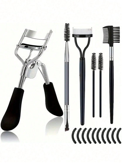 16-Piece Stainless Steel Eyelash Curler Set, Includes 1 Eyelash Curler, 1 Eyelash Comb, 2 Eyelash Rollers, 1 Angled Dual-Ended Brow Brush, 1 Brow Brush, And 10 Silicone Refill Pads, For Eyelashes And