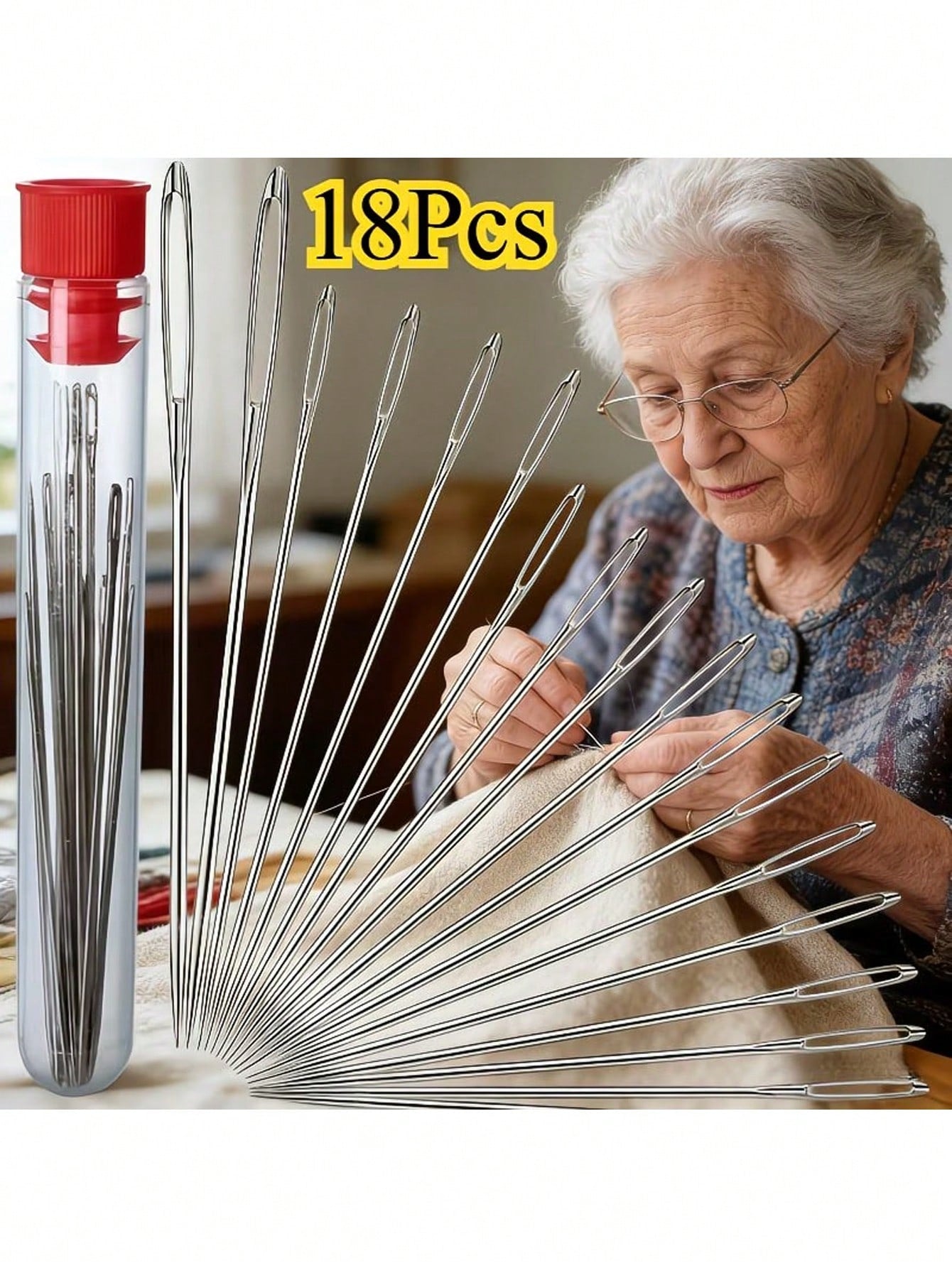 19pcs Multi-Function Big Eye Needle Set, Household Hand Sewing Needles, Suitable For Elderly Quilt Sewing With Extra Large Holes, Fine Large Hole Embroidery Needles- Sewing Needles, Essential Tool Se
