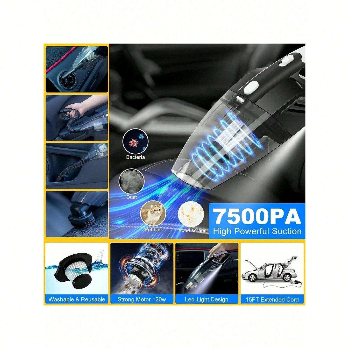 19pcs/Set Car Cleaning Wash Kit Interior Detailing Cleaner Kit With High Power Handheld Vacuum, Brush Set, Windshield Tool, Duster, Towels, Complete Car Care Tool