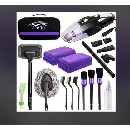 19pcs/Set Car Cleaning Wash Kit Interior Detailing Cleaner Kit With High Power Handheld Vacuum, Brush Set, Windshield Tool, Duster, Towels, Complete Car Care Tool