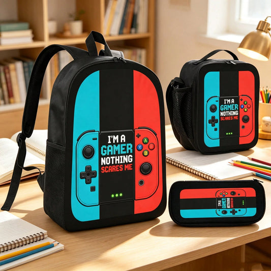 1k+Sold(Color Printed Game Console) Back To School Essential Student Backpack Men's Fashion Backpack + Insulated Lunch Bag + Pencil Case 3-Piece Set Minimalist Men's Lightweight Backpack Outdoor Trave