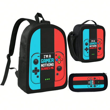 1k+Sold(Color Printed Game Console) Back To School Essential Student Backpack Men's Fashion Backpack + Insulated Lunch Bag + Pencil Case 3-Piece Set Minimalist Men's Lightweight Backpack Outdoor Trave