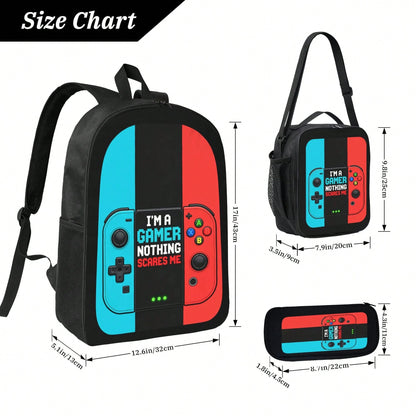 1k+Sold(Color Printed Game Console) Back To School Essential Student Backpack Men's Fashion Backpack + Insulated Lunch Bag + Pencil Case 3-Piece Set Minimalist Men's Lightweight Backpack Outdoor Trave