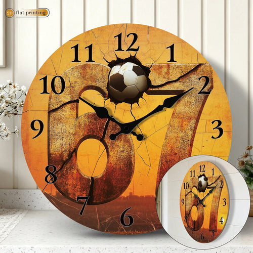 1Pc 2D Flat Football Number 17 Print Wall Clock, 10Inch Silent Wooden Round Clock For Study Classroom Office, Sports Fan Home Decor Gift