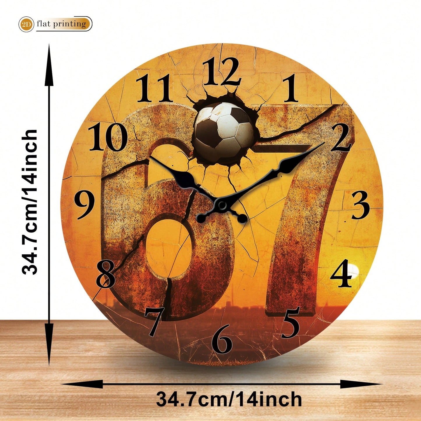 1Pc 2D Flat Football Number 17 Print Wall Clock, 10Inch Silent Wooden Round Clock For Study Classroom Office, Sports Fan Home Decor Gift