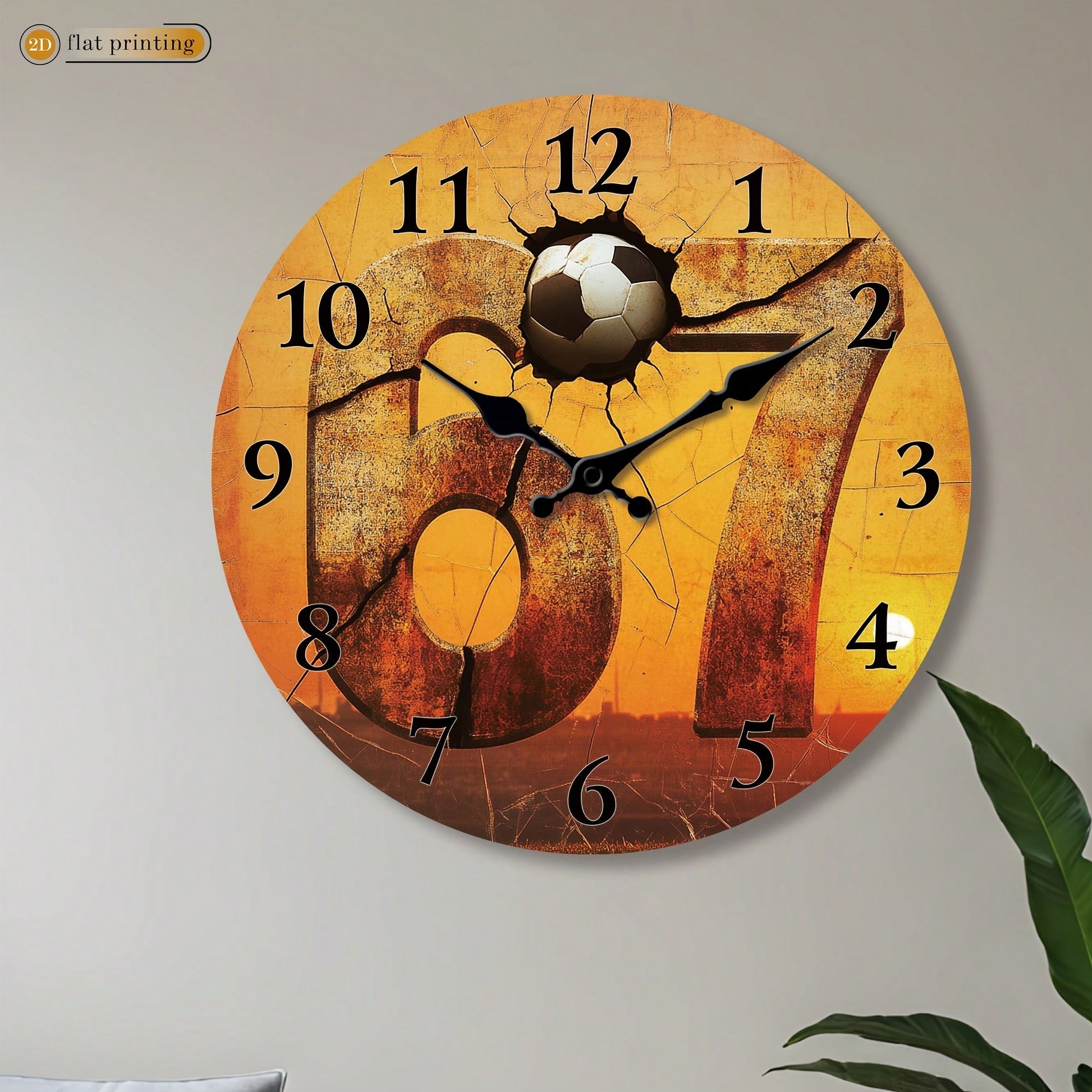 1Pc 2D Flat Football Number 17 Print Wall Clock, 10Inch Silent Wooden Round Clock For Study Classroom Office, Sports Fan Home Decor Gift