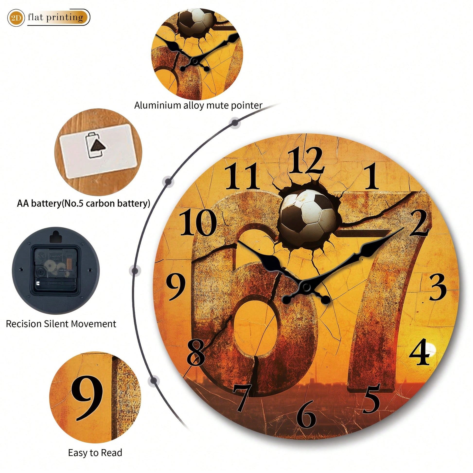 1Pc 2D Flat Football Number 17 Print Wall Clock, 10Inch Silent Wooden Round Clock For Study Classroom Office, Sports Fan Home Decor Gift