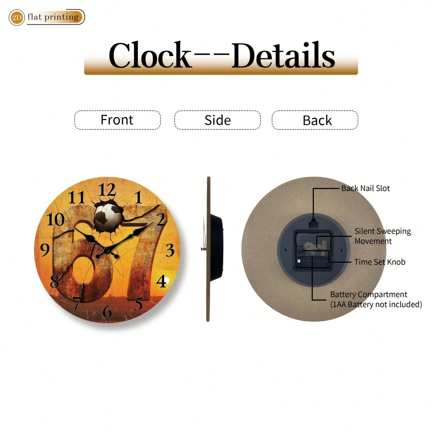 1Pc 2D Flat Football Number 17 Print Wall Clock, 10Inch Silent Wooden Round Clock For Study Classroom Office, Sports Fan Home Decor Gift