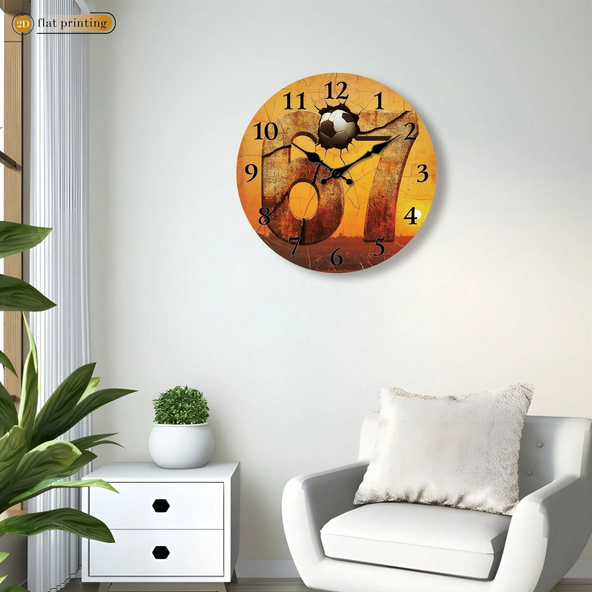 1Pc 2D Flat Football Number 17 Print Wall Clock, 10Inch Silent Wooden Round Clock For Study Classroom Office, Sports Fan Home Decor Gift