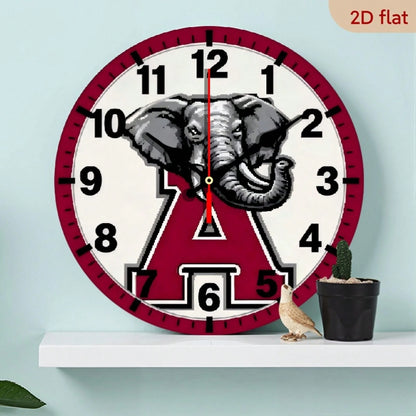 1Pc 2D Flat Letter Elephant Theme Wooden Silent Wall Clock, 12Inch Round Clock For Modern Home Decor Art, Halloween Easter Gift, AA Battery