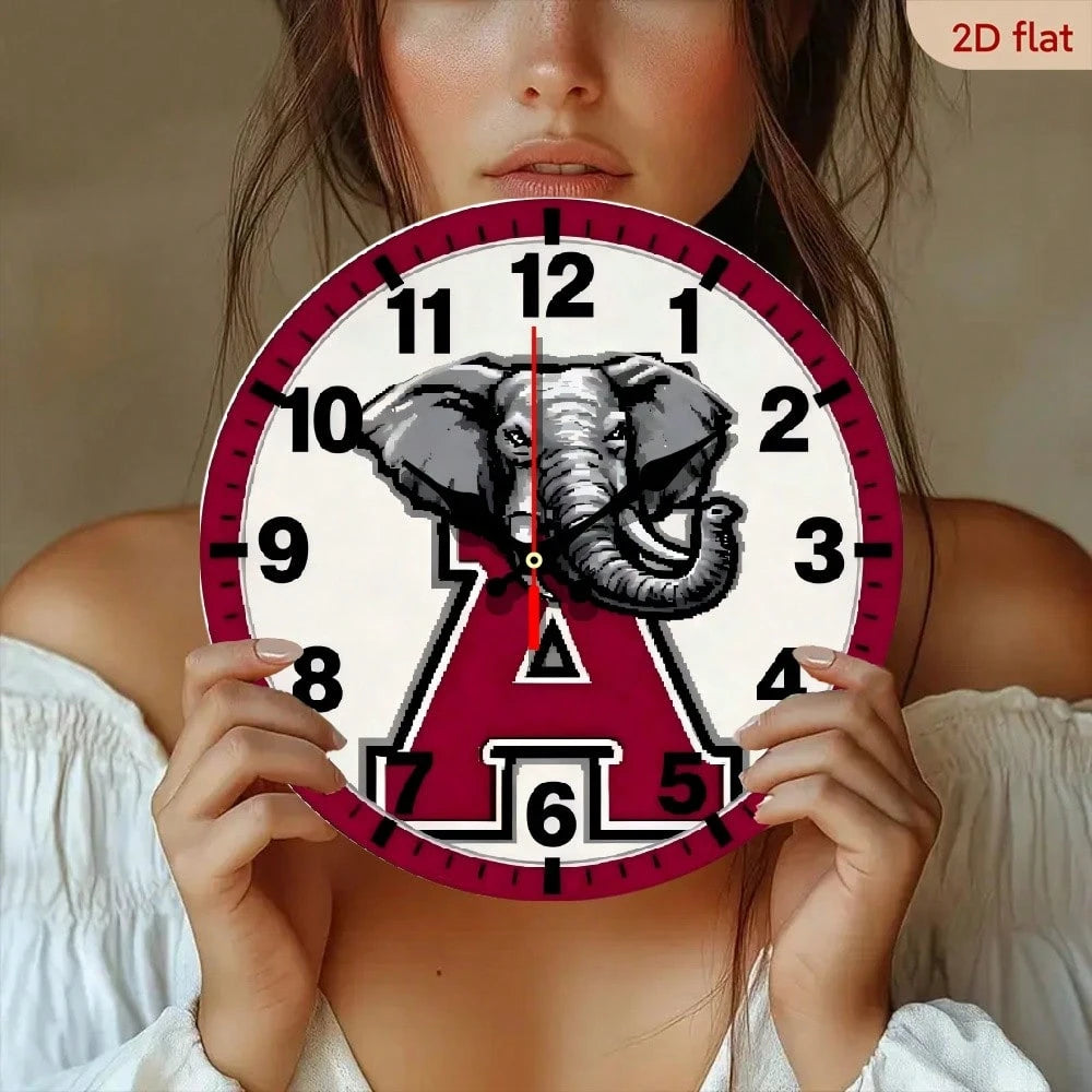 1Pc 2D Flat Letter Elephant Theme Wooden Silent Wall Clock, 12Inch Round Clock For Modern Home Decor Art, Halloween Easter Gift, AA Battery