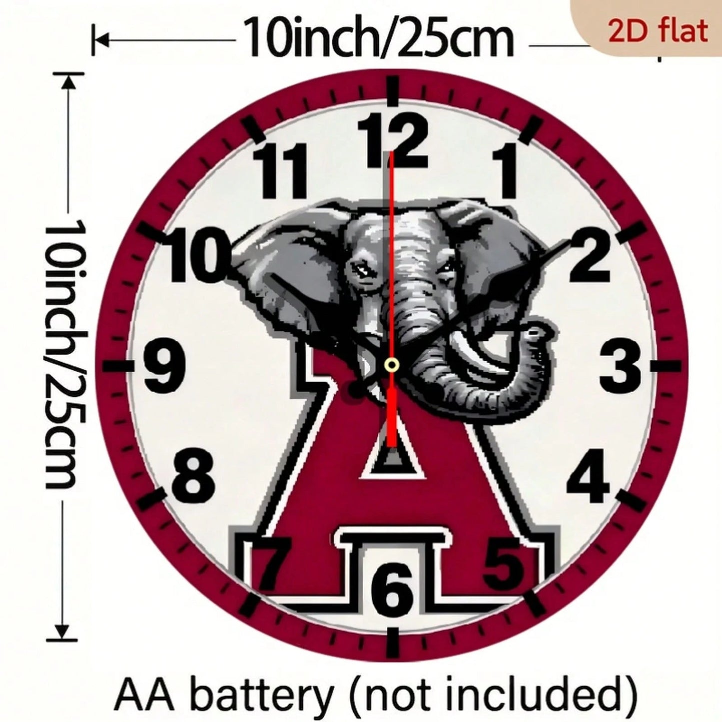 1Pc 2D Flat Letter Elephant Theme Wooden Silent Wall Clock, 12Inch Round Clock For Modern Home Decor Art, Halloween Easter Gift, AA Battery