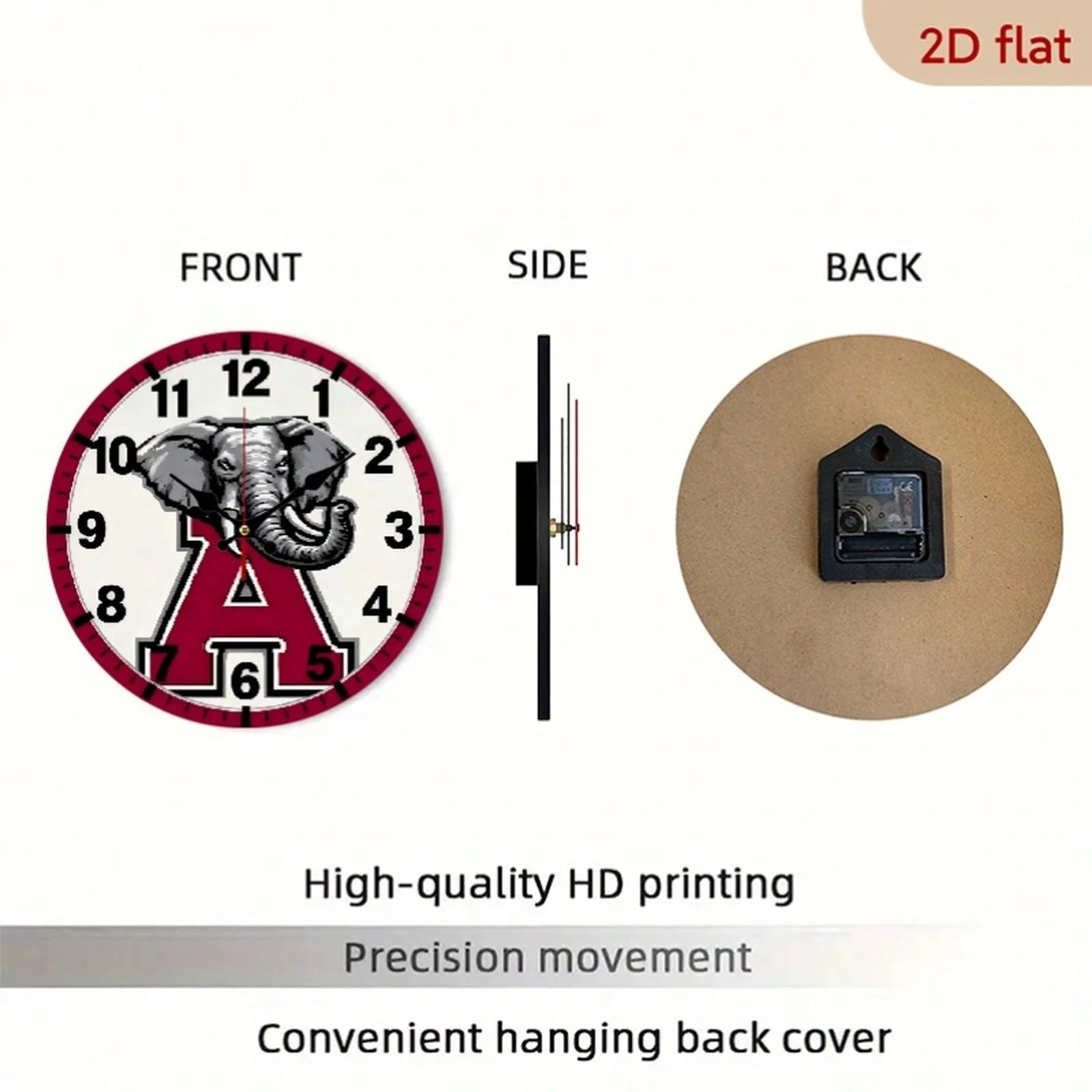 1Pc 2D Flat Letter Elephant Theme Wooden Silent Wall Clock, 12Inch Round Clock For Modern Home Decor Art, Halloween Easter Gift, AA Battery