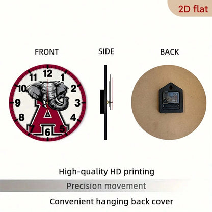 1Pc 2D Flat Letter Elephant Theme Wooden Silent Wall Clock, 12Inch Round Clock For Modern Home Decor Art, Halloween Easter Gift, AA Battery