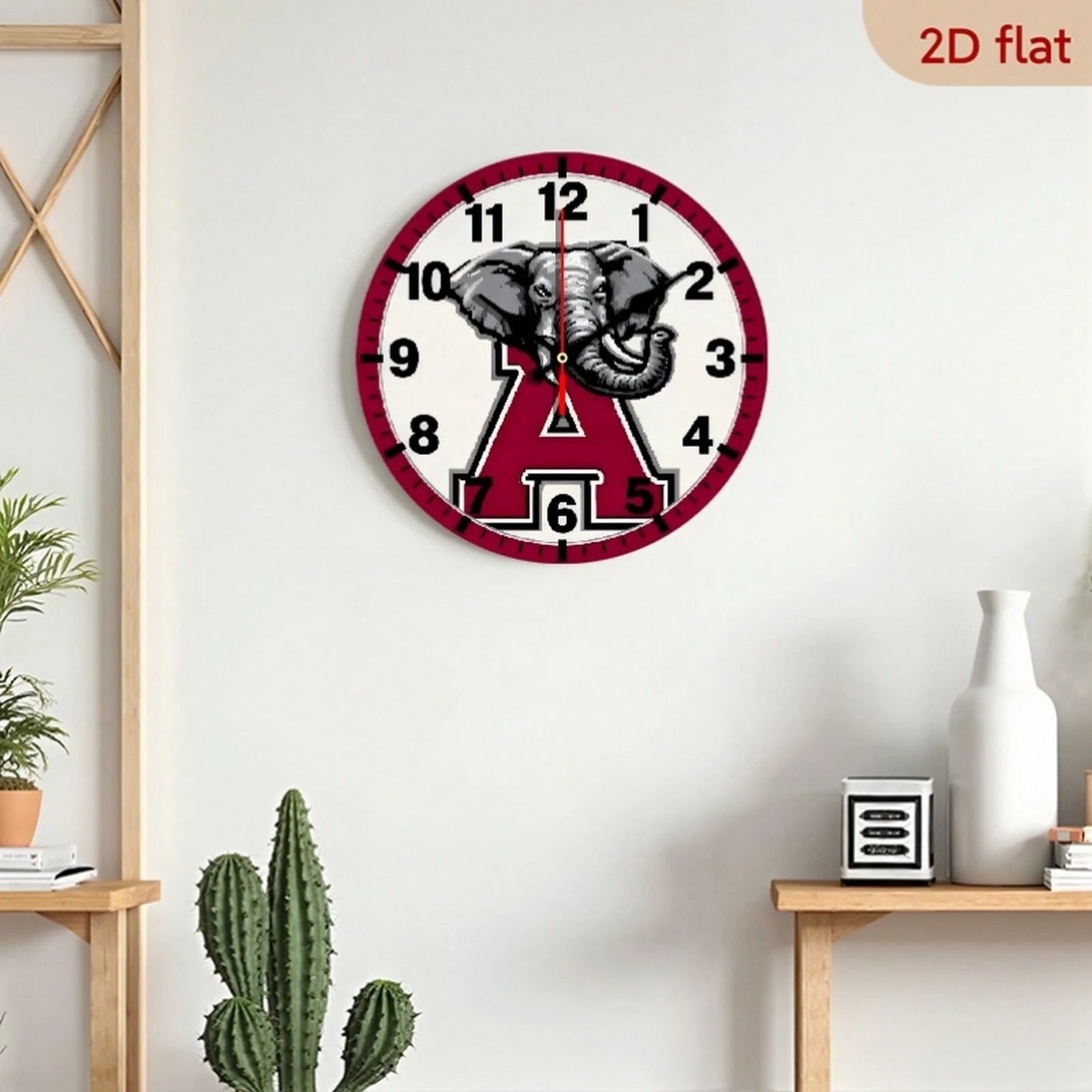 1Pc 2D Flat Letter Elephant Theme Wooden Silent Wall Clock, 12Inch Round Clock For Modern Home Decor Art, Halloween Easter Gift, AA Battery