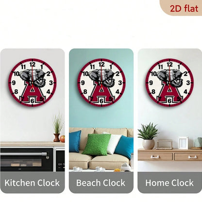 1Pc 2D Flat Letter Elephant Theme Wooden Silent Wall Clock, 12Inch Round Clock For Modern Home Decor Art, Halloween Easter Gift, AA Battery
