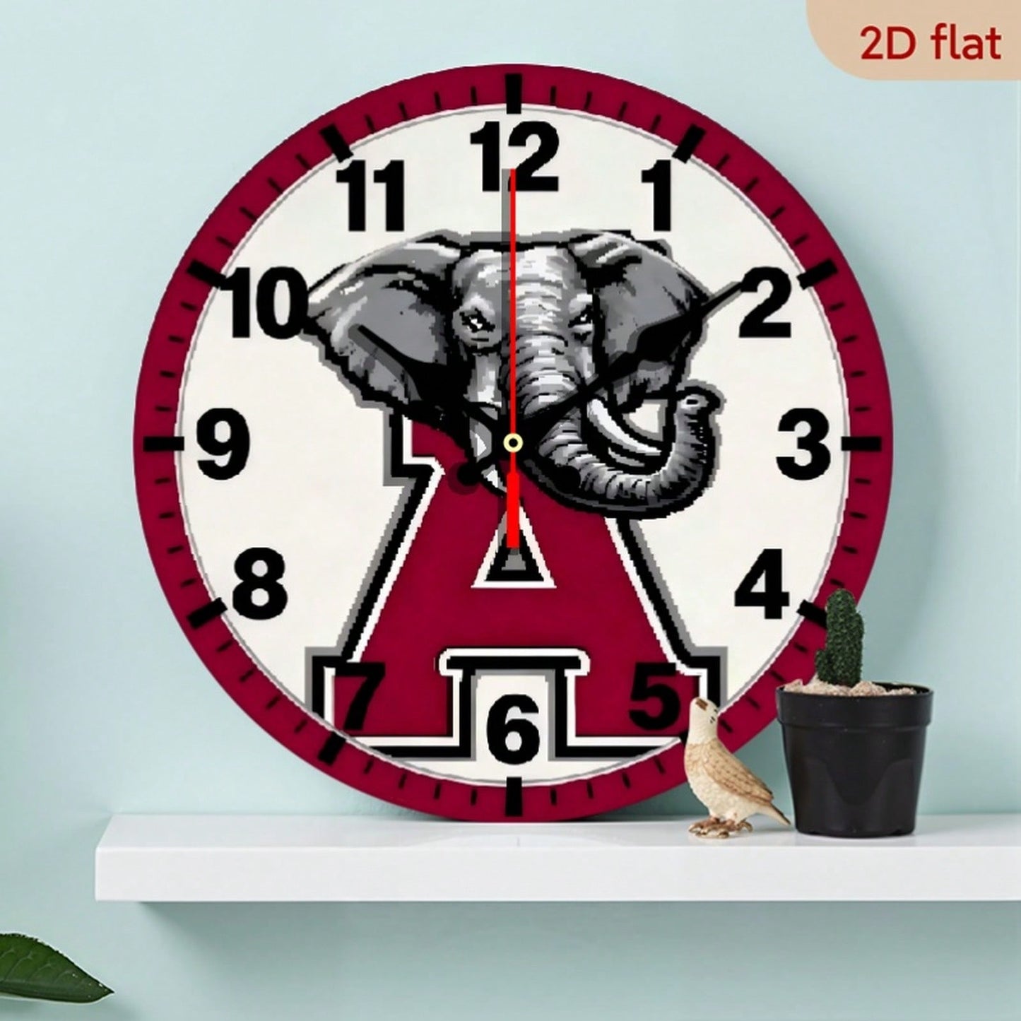1Pc 2D Flat Letter Elephant Theme Wooden Silent Wall Clock, 12Inch Round Clock For Modern Home Decor Art, Halloween Easter Gift, AA Battery