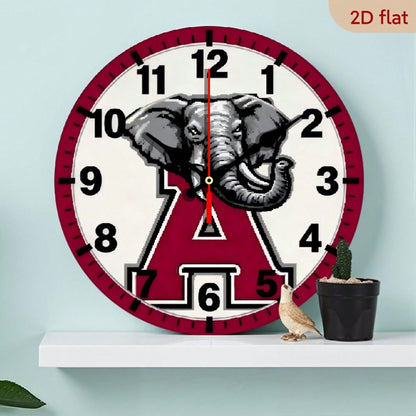 1Pc 2D Flat Letter Elephant Theme Wooden Silent Wall Clock, 12Inch Round Clock For Modern Home Decor Art, Halloween Easter Gift, AA Battery