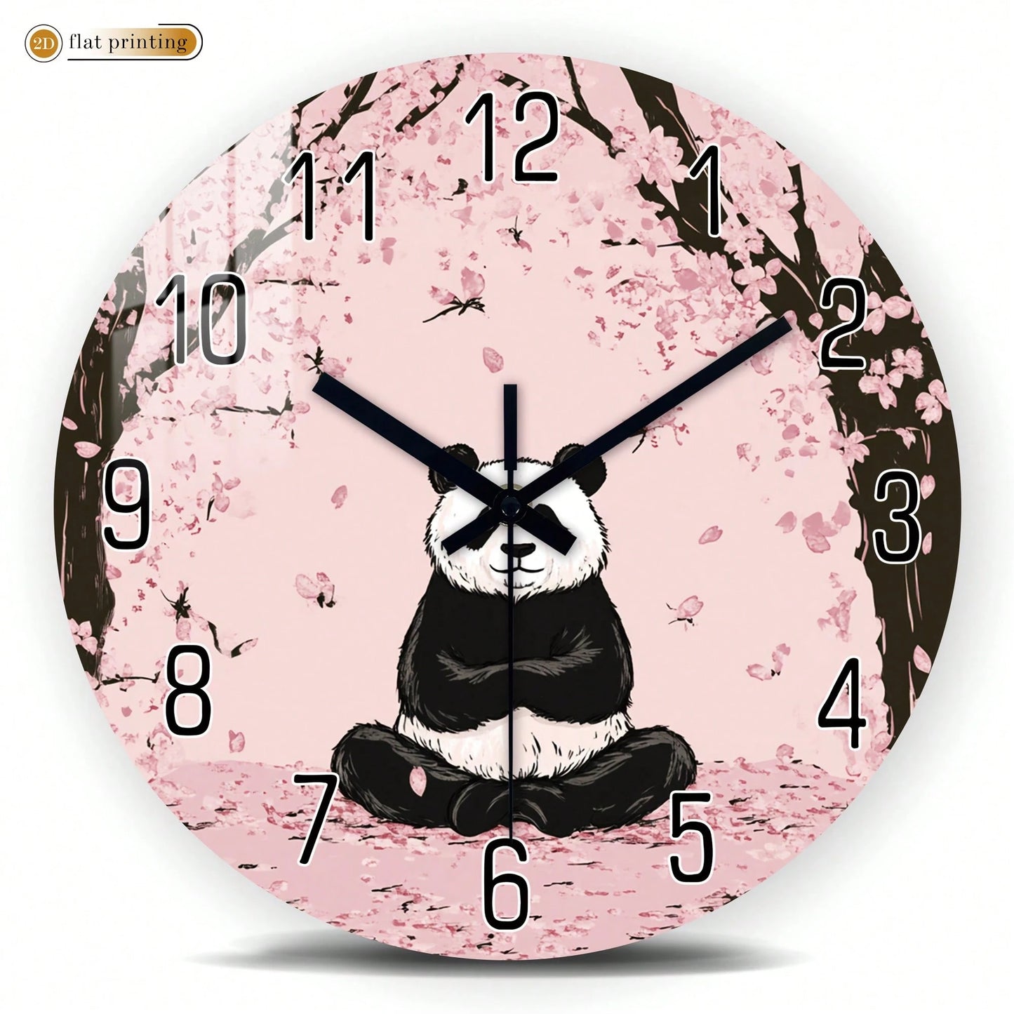 1Pc 2D Flat Panda Cherry Blossom Print Wall Clock, 12Inch Silent Wooden Round Clock For Living Room Bedroom, Modern Home Decor Gift, AA Battery