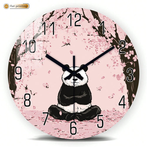 1Pc 2D Flat Panda Cherry Blossom Print Wall Clock, 12Inch Silent Wooden Round Clock For Living Room Bedroom, Modern Home Decor Gift, AA Battery