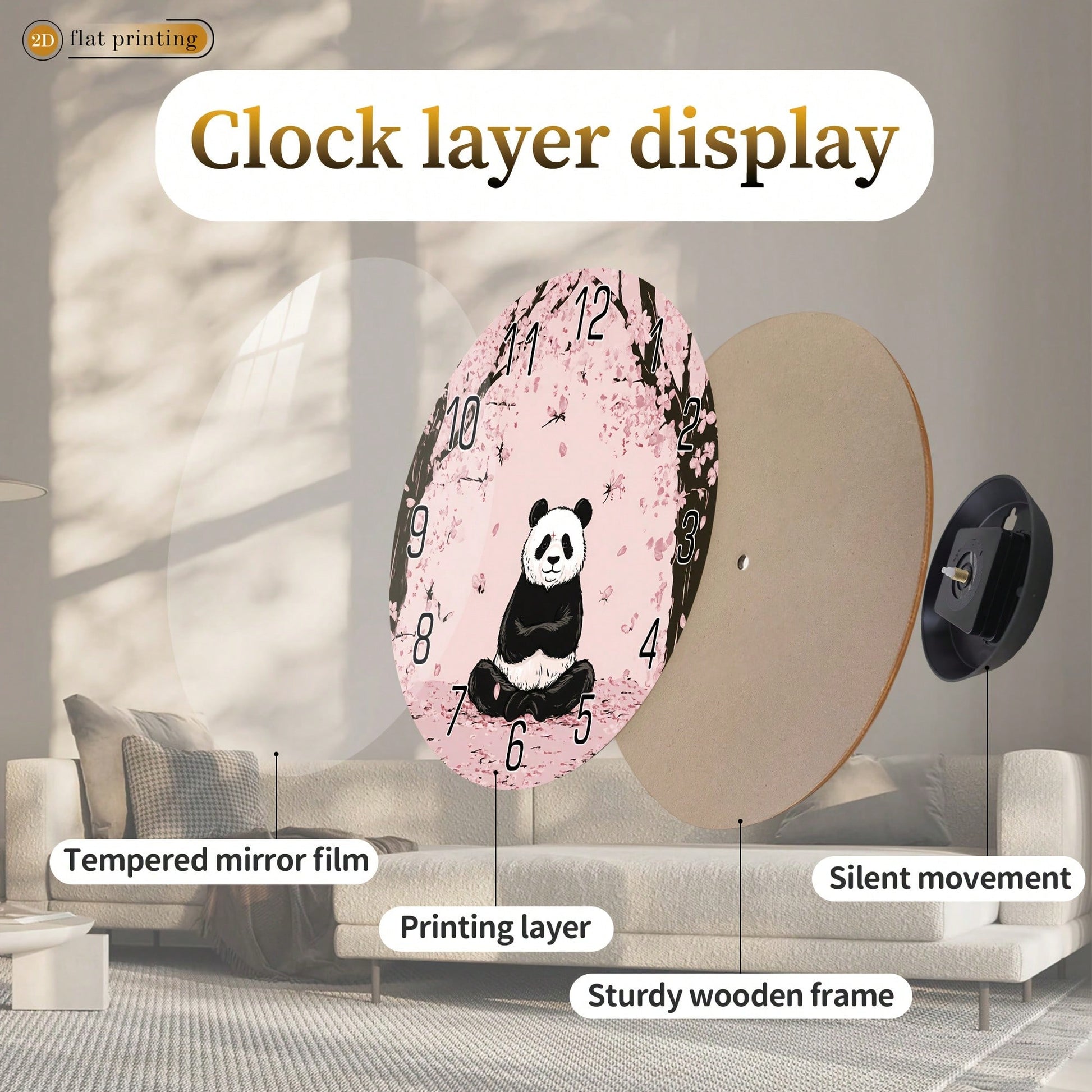 1Pc 2D Flat Panda Cherry Blossom Print Wall Clock, 12Inch Silent Wooden Round Clock For Living Room Bedroom, Modern Home Decor Gift, AA Battery