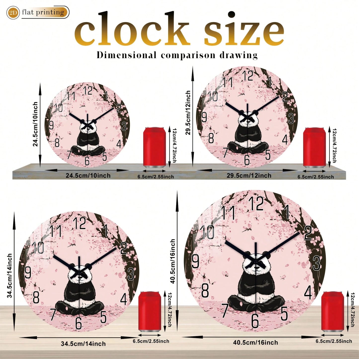 1Pc 2D Flat Panda Cherry Blossom Print Wall Clock, 12Inch Silent Wooden Round Clock For Living Room Bedroom, Modern Home Decor Gift, AA Battery