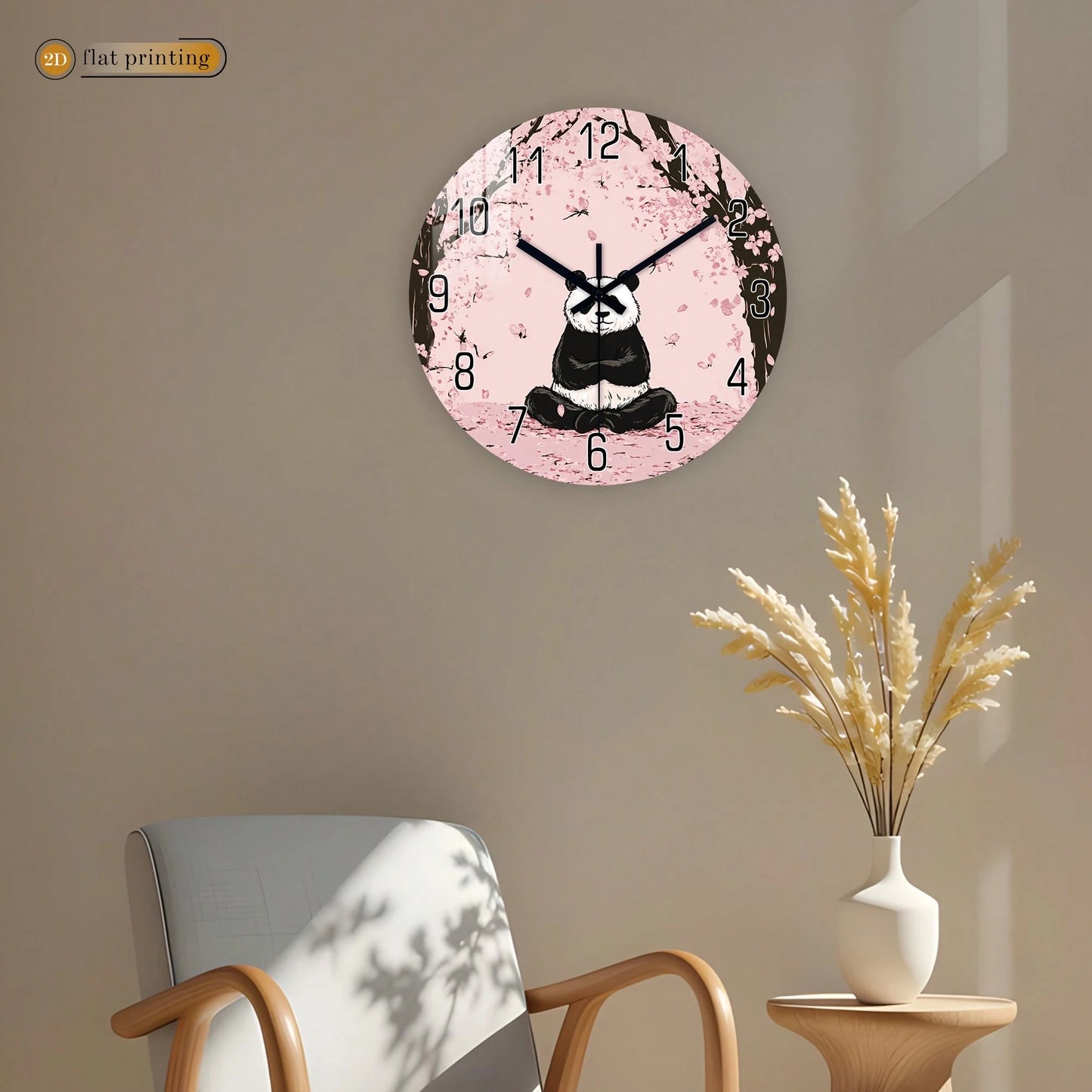 1Pc 2D Flat Panda Cherry Blossom Print Wall Clock, 12Inch Silent Wooden Round Clock For Living Room Bedroom, Modern Home Decor Gift, AA Battery