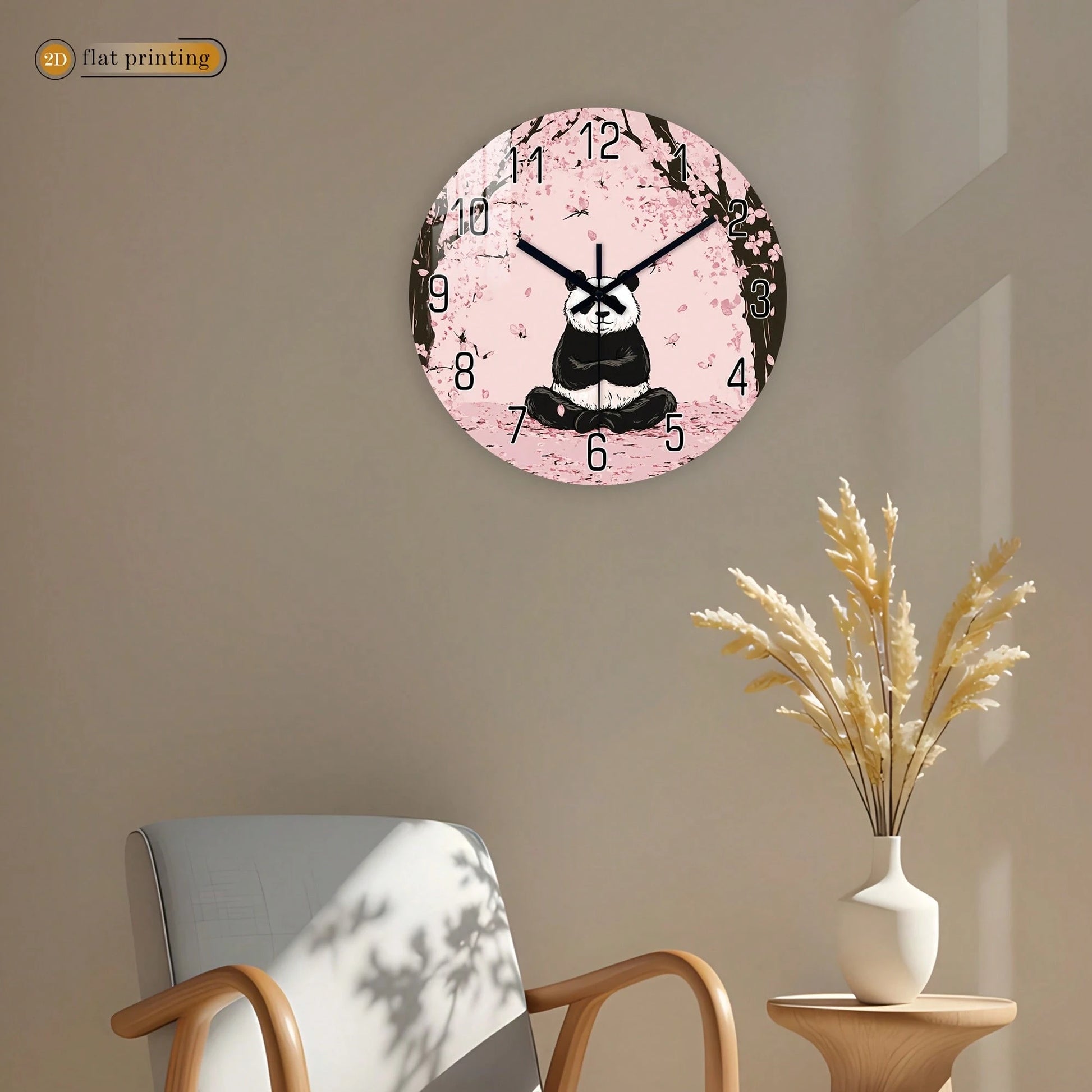 1Pc 2D Flat Panda Cherry Blossom Print Wall Clock, 12Inch Silent Wooden Round Clock For Living Room Bedroom, Modern Home Decor Gift, AA Battery