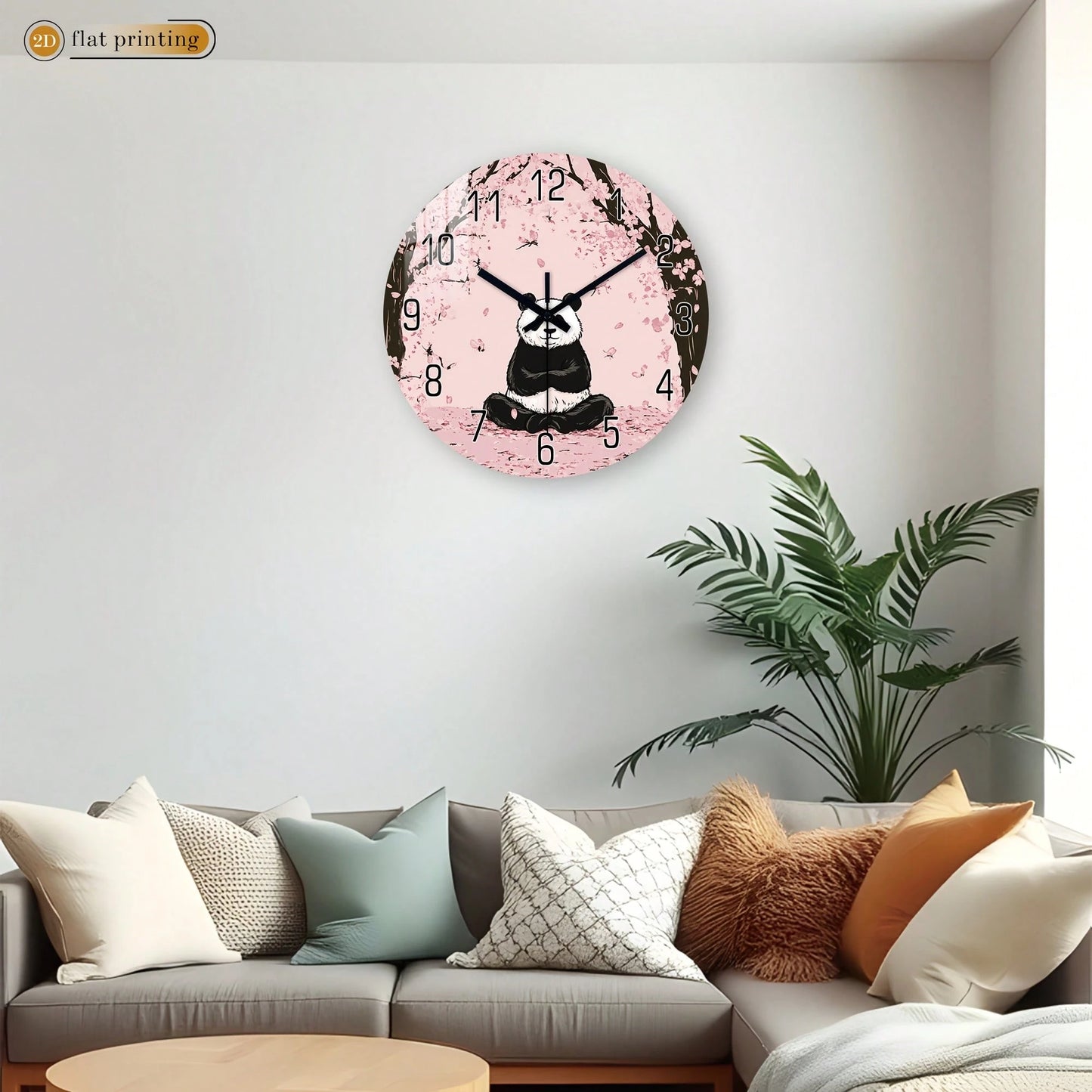 1Pc 2D Flat Panda Cherry Blossom Print Wall Clock, 12Inch Silent Wooden Round Clock For Living Room Bedroom, Modern Home Decor Gift, AA Battery