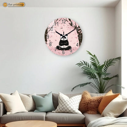 1Pc 2D Flat Panda Cherry Blossom Print Wall Clock, 12Inch Silent Wooden Round Clock For Living Room Bedroom, Modern Home Decor Gift, AA Battery
