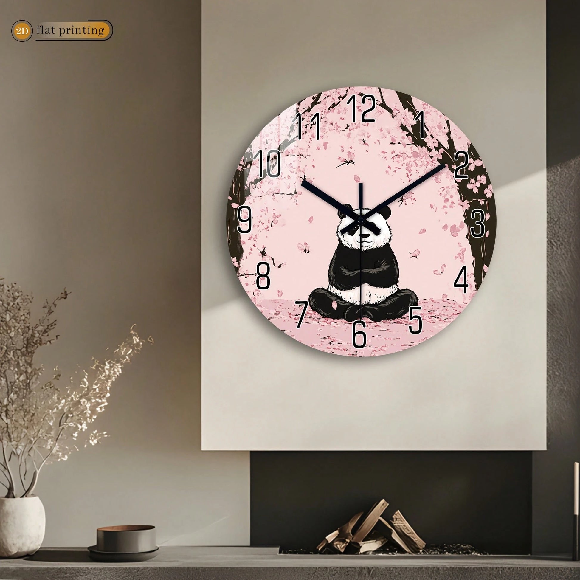 1Pc 2D Flat Panda Cherry Blossom Print Wall Clock, 12Inch Silent Wooden Round Clock For Living Room Bedroom, Modern Home Decor Gift, AA Battery