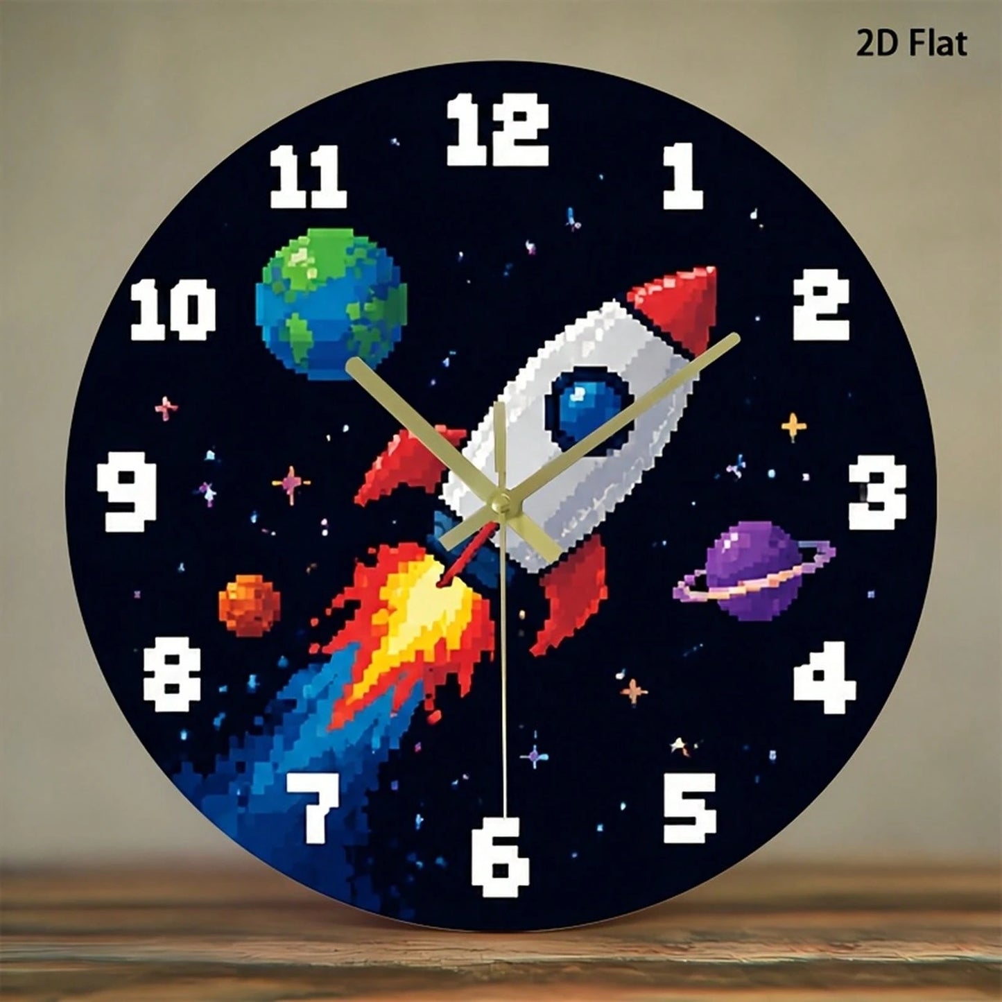 1Pc 2D Flat Pixel Rocket Planet Space Retro Game Pattern Wall Clock, 12Inch Silent Wooden Round Clock For Kitchen Classroom Office, Home Decor Gift