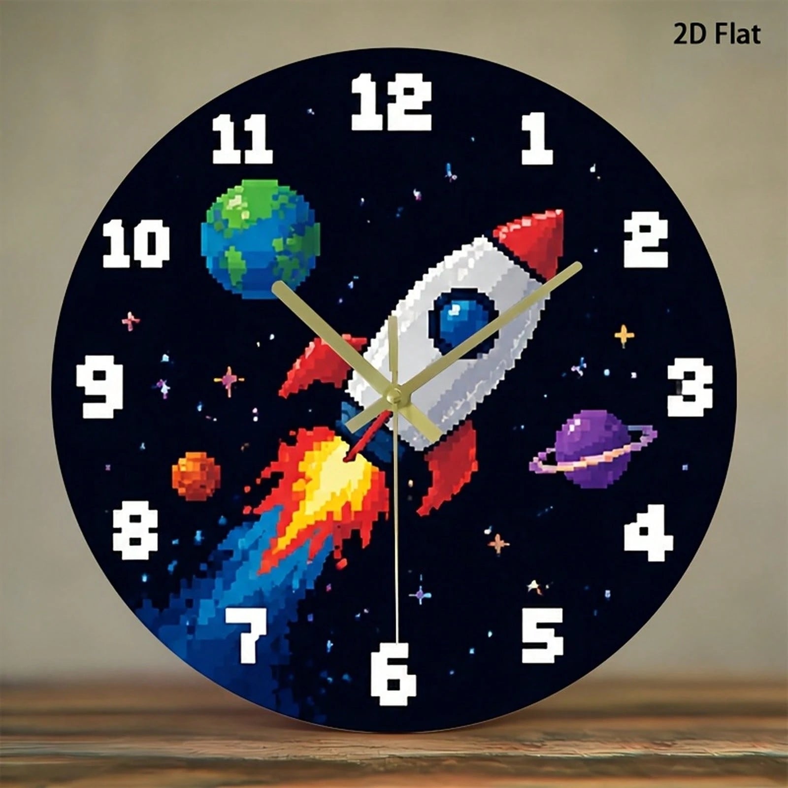 1Pc 2D Flat Pixel Rocket Planet Space Retro Game Pattern Wall Clock, 12Inch Silent Wooden Round Clock For Kitchen Classroom Office, Home Decor Gift
