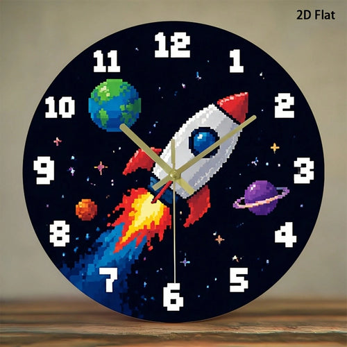 1Pc 2D Flat Pixel Rocket Planet Space Retro Game Pattern Wall Clock, 12Inch Silent Wooden Round Clock For Kitchen Classroom Office, Home Decor Gift