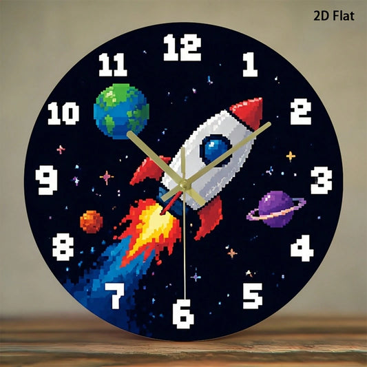 1Pc 2D Flat Pixel Rocket Planet Space Retro Game Pattern Wall Clock, 12Inch Silent Wooden Round Clock For Kitchen Classroom Office, Home Decor Gift