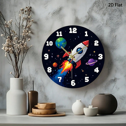 1Pc 2D Flat Pixel Rocket Planet Space Retro Game Pattern Wall Clock, 12Inch Silent Wooden Round Clock For Kitchen Classroom Office, Home Decor Gift