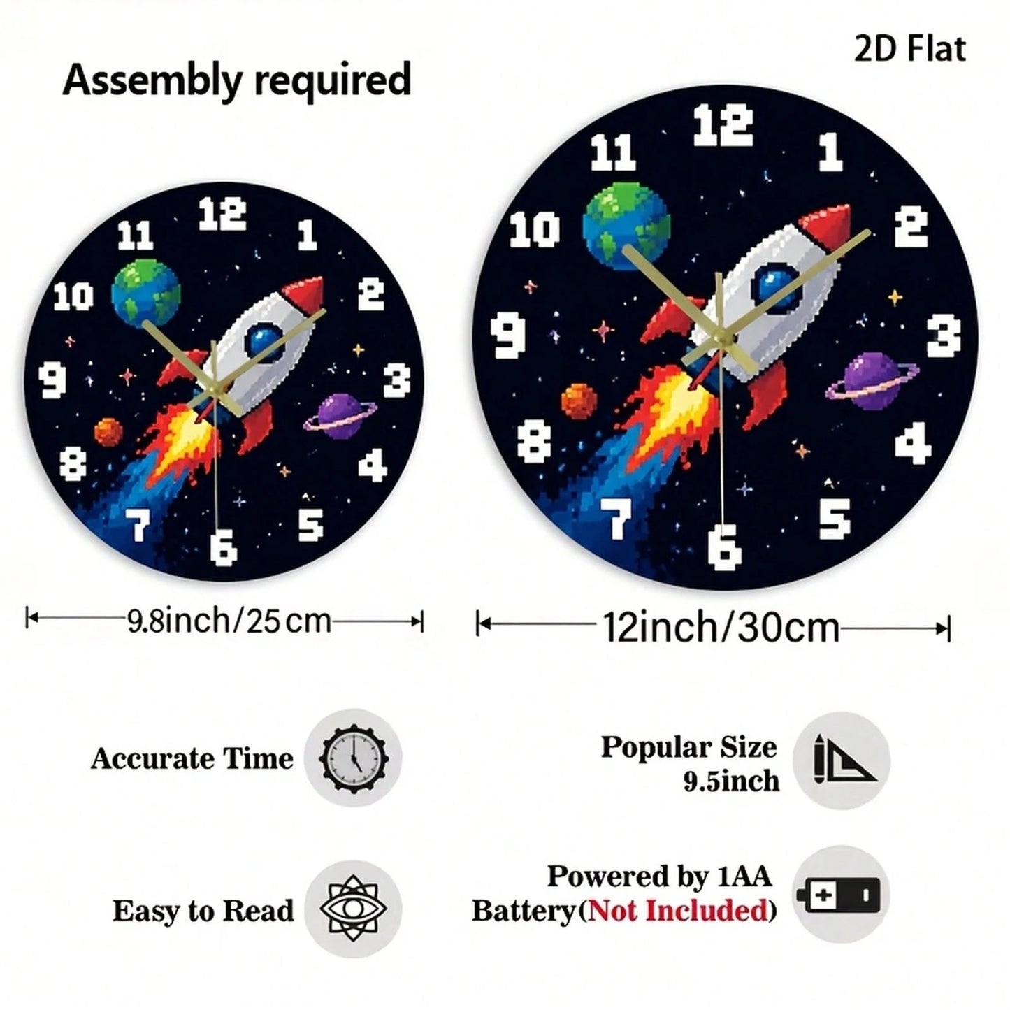 1Pc 2D Flat Pixel Rocket Planet Space Retro Game Pattern Wall Clock, 12Inch Silent Wooden Round Clock For Kitchen Classroom Office, Home Decor Gift
