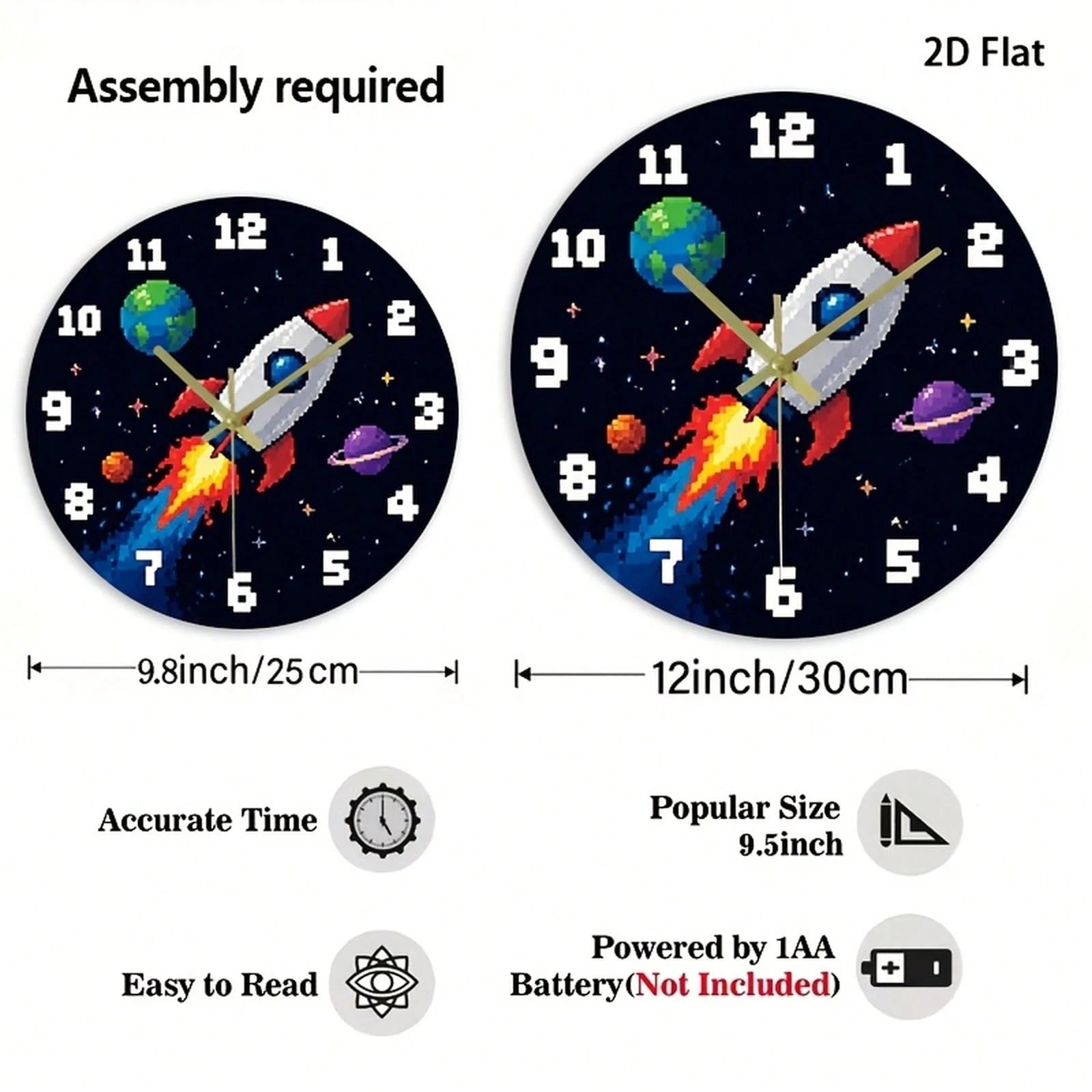 1Pc 2D Flat Pixel Rocket Planet Space Retro Game Pattern Wall Clock, 12Inch Silent Wooden Round Clock For Kitchen Classroom Office, Home Decor Gift