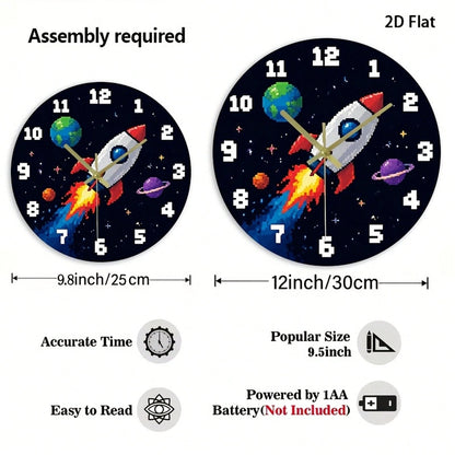 1Pc 2D Flat Pixel Rocket Planet Space Retro Game Pattern Wall Clock, 12Inch Silent Wooden Round Clock For Kitchen Classroom Office, Home Decor Gift