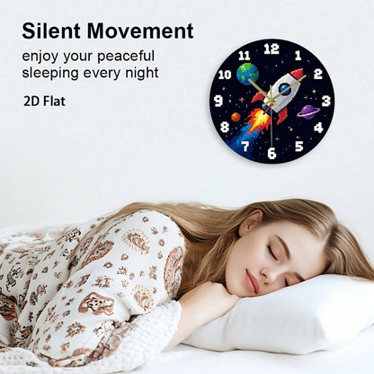 1Pc 2D Flat Pixel Rocket Planet Space Retro Game Pattern Wall Clock, 12Inch Silent Wooden Round Clock For Kitchen Classroom Office, Home Decor Gift