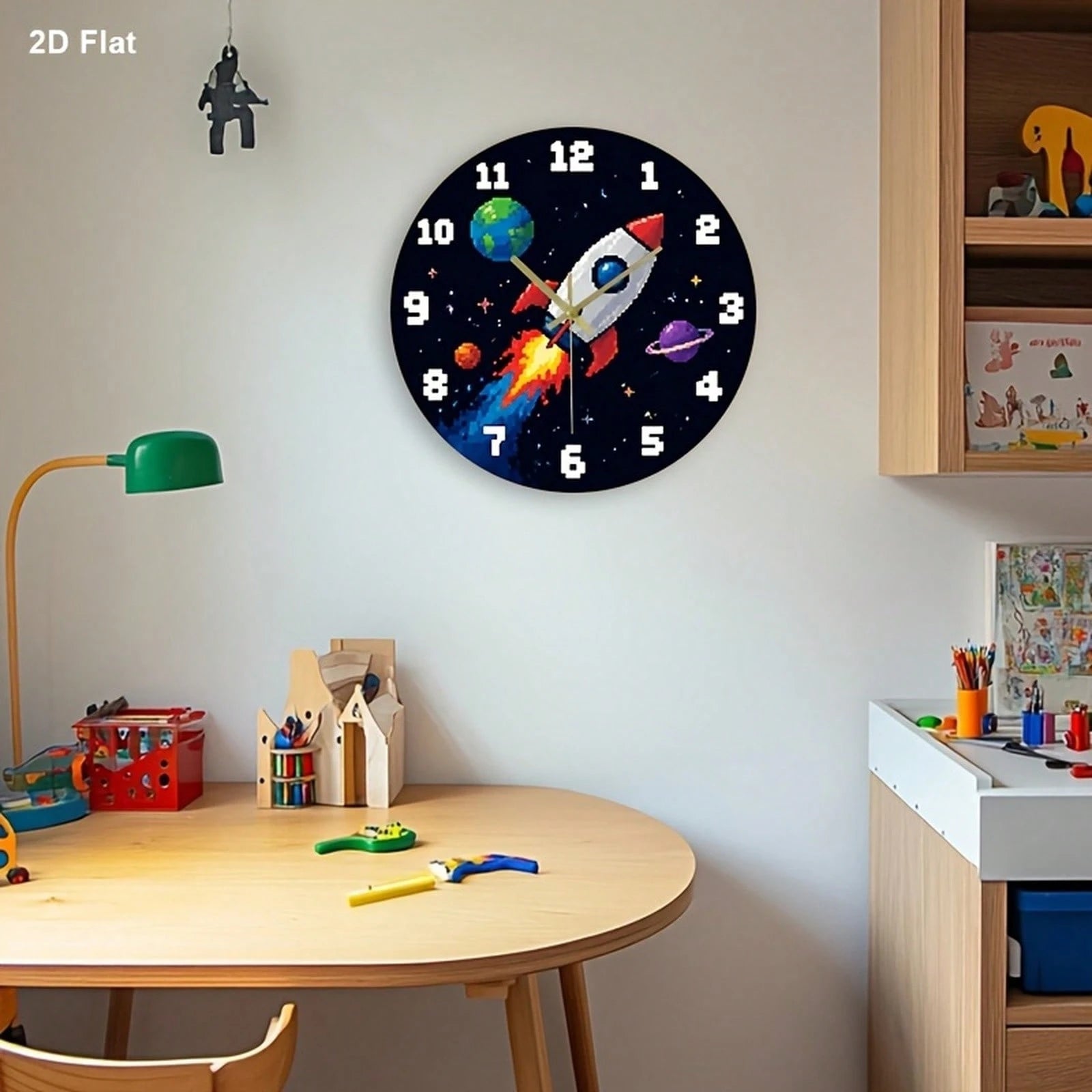 1Pc 2D Flat Pixel Rocket Planet Space Retro Game Pattern Wall Clock, 12Inch Silent Wooden Round Clock For Kitchen Classroom Office, Home Decor Gift