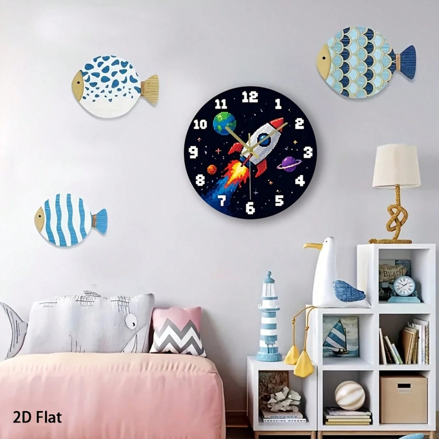1Pc 2D Flat Pixel Rocket Planet Space Retro Game Pattern Wall Clock, 12Inch Silent Wooden Round Clock For Kitchen Classroom Office, Home Decor Gift