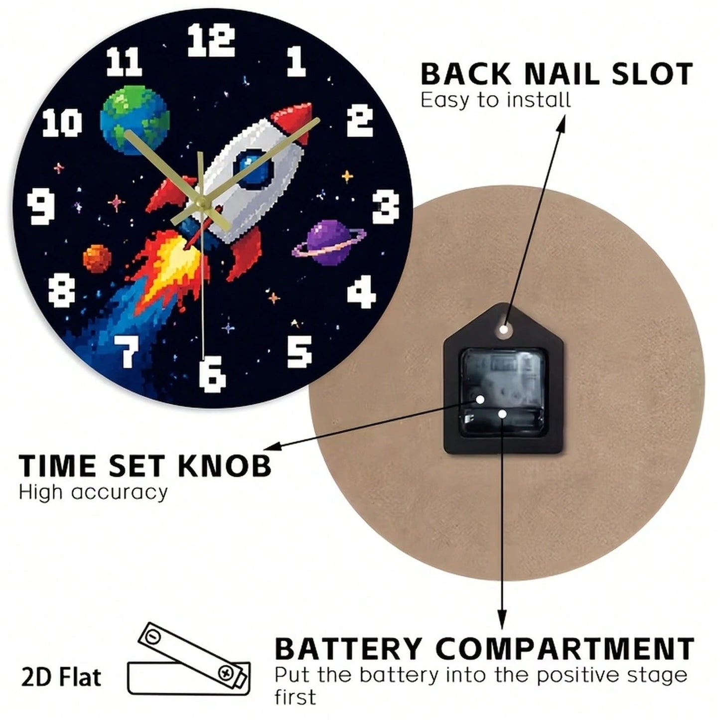 1Pc 2D Flat Pixel Rocket Planet Space Retro Game Pattern Wall Clock, 12Inch Silent Wooden Round Clock For Kitchen Classroom Office, Home Decor Gift