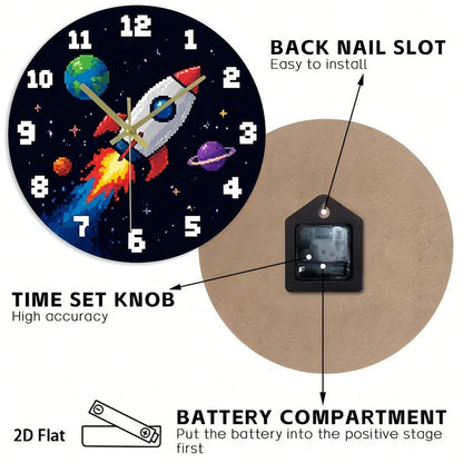 1Pc 2D Flat Pixel Rocket Planet Space Retro Game Pattern Wall Clock, 12Inch Silent Wooden Round Clock For Kitchen Classroom Office, Home Decor Gift