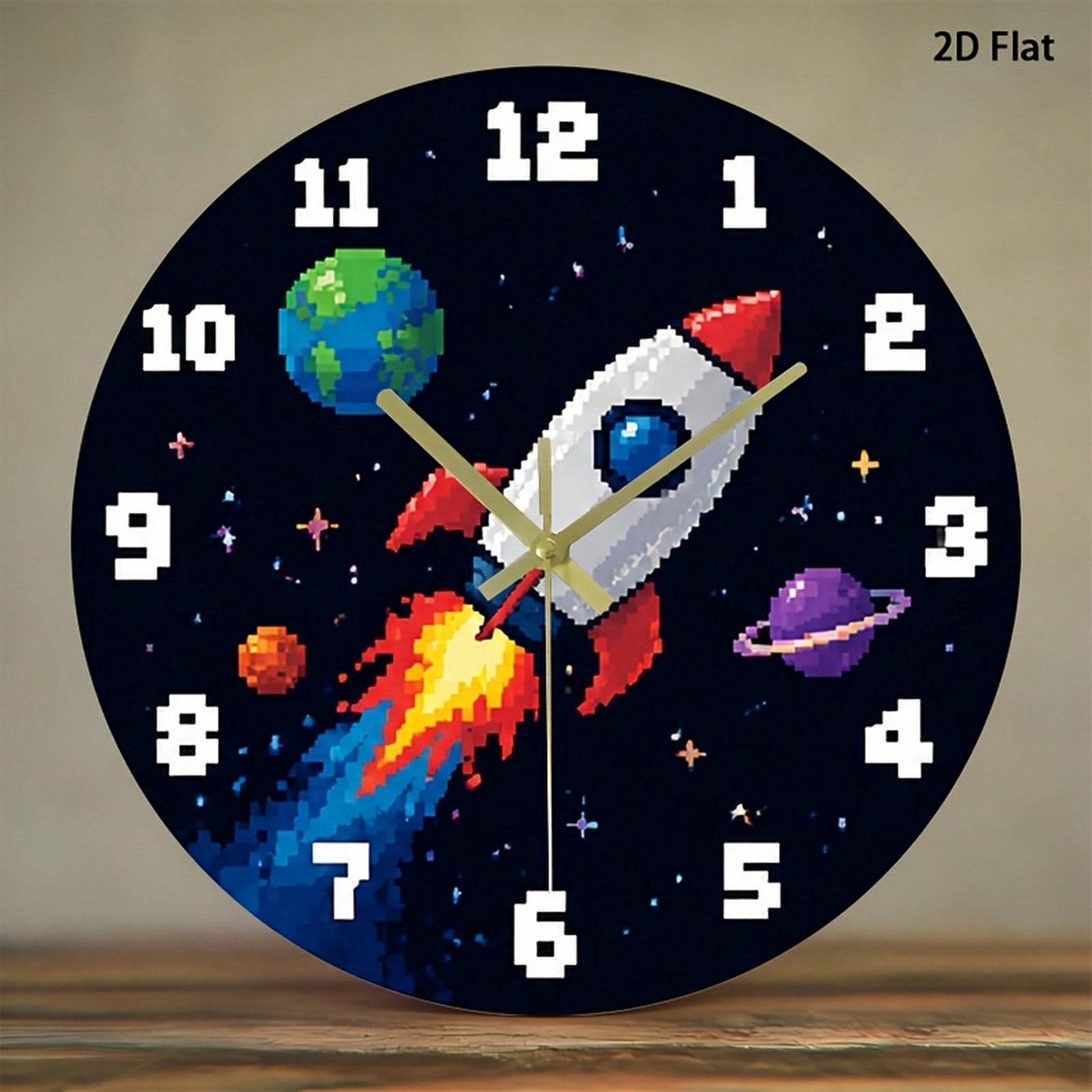 1Pc 2D Flat Pixel Rocket Planet Space Retro Game Pattern Wall Clock, 12Inch Silent Wooden Round Clock For Kitchen Classroom Office, Home Decor Gift