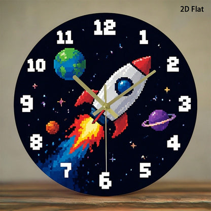 1Pc 2D Flat Pixel Rocket Planet Space Retro Game Pattern Wall Clock, 12Inch Silent Wooden Round Clock For Kitchen Classroom Office, Home Decor Gift