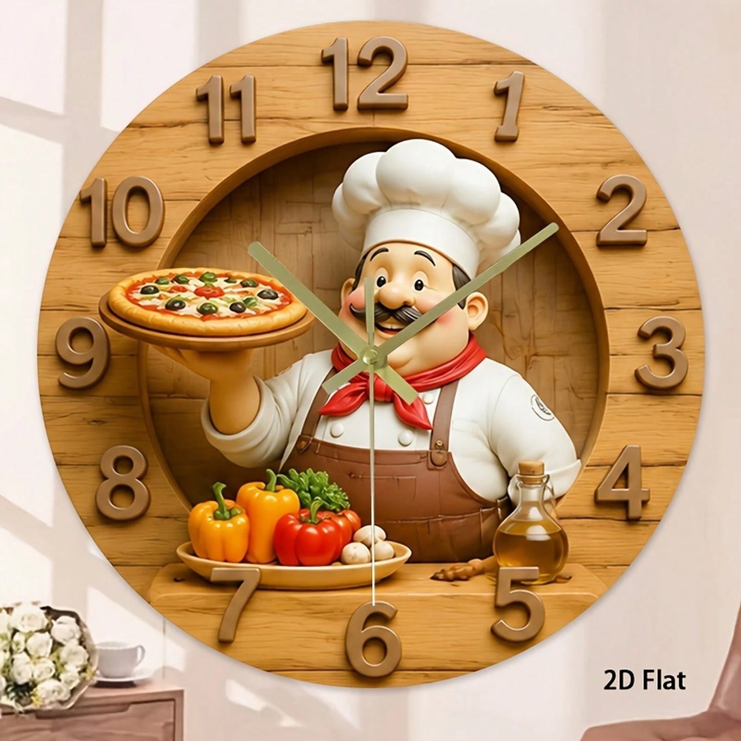 1Pc 2D Flat Retro Fat‑Mustache Chef Pizza Bell Pepper Olive Oil Print Wall Clock, 12Inch Silent Wooden Round Clock For Kitchen Classroom Office Home